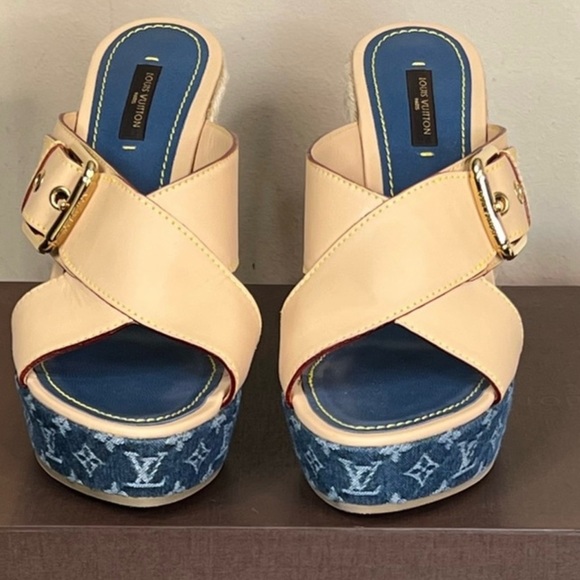 Louis Vuitton Denim Leather Wedge Sandal - Picture 1 of 15